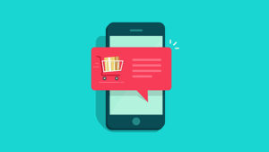 Smartphone que muestra una burbuja de chat roja con un icono de carrito de compras y líneas de texto de marcador de posición, lo que sugiere una notificación de compra en línea sobre un fondo turquesa plano.
