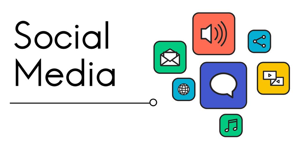 El texto "Redes sociales" se sitúa a la izquierda; a la derecha se agrupan iconos de aplicaciones de colores, que muestran una burbuja de chat, correo electrónico, globo terráqueo, música, vídeo, compartir y sonido sobre un fondo blanco con una fina línea negra.