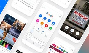 Varias pantallas de smartphones muestran interfaces de aplicaciones de Google e imágenes; una de ellas muestra una foto de un cartel que dice: «PROHIBIDO ESTACIONAR, DE LO CONTRARIO SE DESINFLARÁN LOS NEUMÁTICOS». Contexto: dispositivos inclinados sobre un fondo claro.