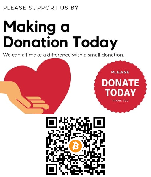Cartel con una mano estilizada sosteniendo un corazón rojo junto a un código QR (logotipo de Bitcoin), que invita a donar; fondo blanco con un distintivo circular rojo.

Texto transcrito:
APÓYANOS
Haz una donación hoy
Todos podemos marcar la diferencia con una pequeña donación.
POR FAVOR
DONA
HOY
GRACIAS