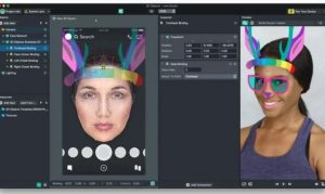 Interfaz de software que muestra una vista previa de un filtro facial para smartphone: un rostro femenino con orejas de conejo y gafas de sol de colores, mientras que los paneles de la interfaz muestran controles de posicionamiento y una vista previa de la cámara web.  Texto visible transcrito: "Información del proyecto", "Enviar lente", "Objetos 2D - Lens Studio", "Buscar", "Enlace de frente", "Inspector", "Transformar", "Posición", "Rotación", "Escala", "Retoque facial", "Enlace al centro del rostro", "Enlace de mejilla izquierda", "Enlace de mejilla derecha", "Añadir componente", "Vista previa", "Sonrisa de la persona 1 (cámara web)".