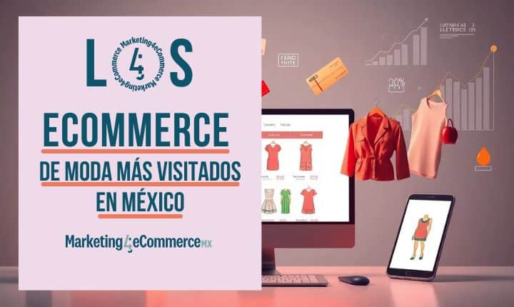A la izquierda, un póster y una pantalla de escritorio muestran una tienda de ropa en línea; una computadora, una tableta y prendas colgadas ilustran la experiencia de compra. Contexto: un escritorio ordenado con gráficos y tablas de comercio electrónico bajo una iluminación cálida.  Texto (transcrito): LOS ECOMMERCE DE MODA MÁS VISITADOS EN MÉXICO  Marketingy eCommerce.mx