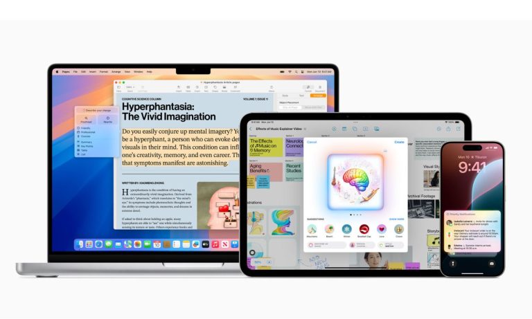 MacBook, iPad y iPhone muestran aplicaciones de productividad y creatividad una al lado de la otra sobre una superficie blanca, con vistas de documento, collage y notificaciones en la pantalla de bloqueo.  Texto visible transcrito: - Barra de menú (Mac): Pages > Archivo > Editar > Insertar > Formato > Organizar > Ver > Ventana > Ayuda - Título del documento: COLUMNA DE CIENCIA COGNITIVA  Hiperfantasia: La imaginación vívida - Encabezado del artículo visible: ¿Te resulta fácil evocar imágenes mentales?  - Pantalla de bloqueo del iPhone: 9:41 Lun 10 • Tiburon - Botón/etiqueta en la superposición del iPad: Crear - Etiqueta pequeña en la superposición: Cancelar
