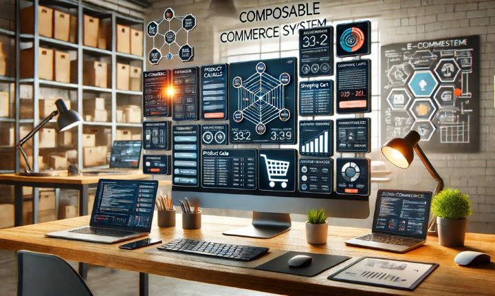 Objeto: Un panel de control digital multipantalla. Acción: Muestra análisis, gráficos, iconos y métricas. Contexto: Escritorio de oficina moderno con portátiles, lámpara, plantas y estanterías.  Texto transcrito visible en la imagen: - SISTEMA DE COMERCIO COMPONIBLE - COMERCIO ELECTRÓNICO - 332 - VENTAS - CARRITO - ANÁLISIS