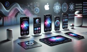 Varios smartphones y tabletas, dispuestos sobre soportes y una mesa, muestran interfaces de usuario coloridas y dinámicas. El fondo presenta motivos de datos holográficos y un logotipo de Apple iluminado sobre una elegante superficie de exposición. No se observa texto legible.