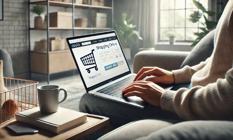 Pantalla de portátil que muestra el "Carrito de la compra" y un botón de "Finalizar compra"; manos tecleando en el teclado; persona sentada en un sofá en un salón soleado con una taza de café, libros y plantas cerca.