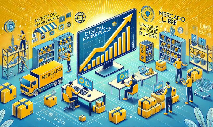 Un panel central de mercado digital muestra gráficos ascendentes mientras los trabajadores empaquetan cajas, escanean artículos y cargan furgonetas de reparto dentro de un almacén/centro de distribución de comercio electrónico estilizado.  Texto en la imagen: - MERCADO DIGITAL - MERCADO LIBRE - COMPRADORES ÚNICOS