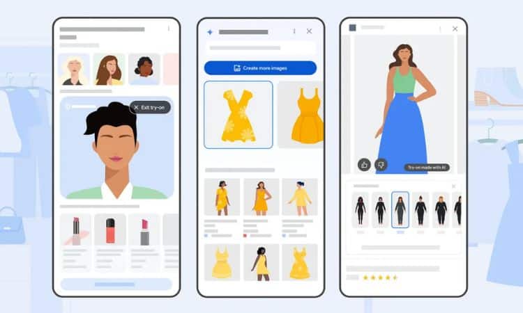 Tres pantallas de smartphone que muestran una aplicación de compras de moda: la de la izquierda muestra el perfil del usuario con miniaturas de productos; la del centro muestra una cuadrícula de vestidos amarillos y una barra de búsqueda; la de la derecha muestra una vista previa de una modelo con falda azul. No se puede leer el texto.