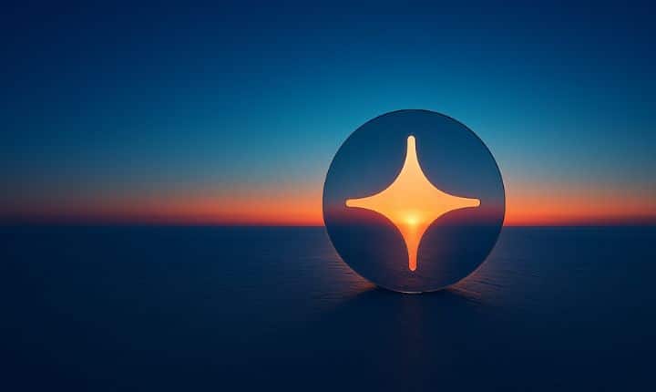 La lámpara esférica emite un cálido resplandor en forma de estrella a través de una abertura, posándose sobre una superficie lisa y reflectante contra un cielo con un degradado de azul intenso a naranja propio de una puesta de sol en el horizonte.