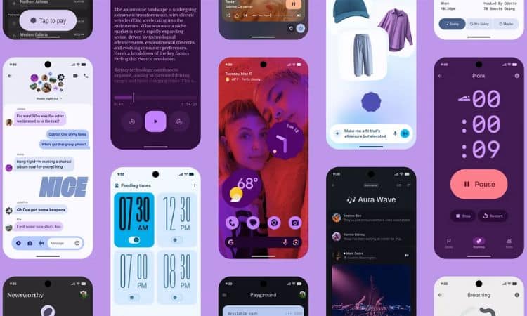 Varias pantallas de smartphone con diversas interfaces de aplicaciones (chat, música, clima, temporizadores, ajustes) sobre un fondo morado.  Texto visible transcrito (en la medida en que sea legible):  - Toca para pagar - Galerías del Oeste - ¿En serio? ¿Quién era el artista que escuchábamos en el coche?  - ¡Tengo algunas joyas! - ¡Genial! - Horarios de alimentación - 7:30 - 12:30 - 19:00 - 20:30 - Martes, 11 de mayo - 68° - Onda Aura - Pausa - 00:00:09 - Noticias - Zona de juegos - Crea un atuendo sencillo pero sofisticado - Respiración  (Nota: varios elementos de la interfaz contienen iconos y etiquetas cortas que no son completamente legibles a esta resolución).
