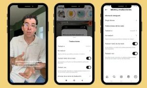 Diseño de la pantalla del smartphone que muestra la nueva función de selección de idioma de audio en Instagram Reels.