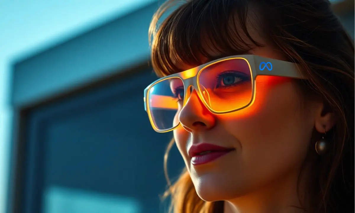 Mujer joven con gafas de espejo extragrandes que reflejan una luz naranja cálida, mirando ligeramente hacia la derecha; retrato en primer plano con fondo urbano azul desenfocado y un pendiente sutil visible.