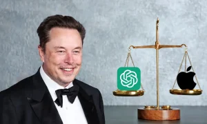 Hombre sonriente con esmoquin (izquierda); una balanza de latón (derecha) sostiene un logotipo verde de OpenAI en un platillo y un logotipo negro de Apple en el otro, sobre un fondo gris texturizado.