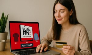 Portátil mostrando una tienda online; una mujer sostiene una tarjeta de crédito y hace clic en una mesita con una planta. Texto: "BUEN FIN :) TIENDA ONLINE", "$15", "$35", "$4.0", "AÑADIR AL CARRITO".