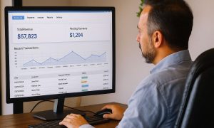 Monitor de escritorio que muestra un panel de control financiero; un hombre consulta gráficos y una tabla de transacciones en un escritorio de madera en una oficina en casa.  Texto transcrito: - (pestaña superior izquierda) Desiso ard - Pagos > Facturas > Informes > Configuración - Ingresos totales - $57,823 - Pagos pendientes - $1,204 - Transacciones recientes  Encabezado de la tabla: - Fecha > Cliente > Método de pago > Estado  Filas de la tabla (visibles): - 03/12/2024 Jane Doe > Tarjeta de crédito > Completado > $235.00 - 03/19/2024 Michod Lee > Transferencia bancaria > Recurrente > $225.00 - 03/19/2024 Sunn Park > Pago vencido > $225.00 - 03/19/2024 David Chion > Tarjeta de crédito > Completado > $135.00  (También se muestra: un gráfico lineal del volumen de transacciones recientes y un teclado y un ratón sobre el escritorio).