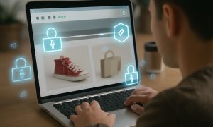 Ordenador portátil que muestra imágenes de productos (zapatilla roja, bolso beige): una persona navega por una tienda online mientras un candado holográfico e iconos de seguridad flotan sobre la pantalla, sentada en un escritorio de madera con una taza de café.