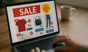 Pantalla de portátil mostrando una página de rebajas online mientras unas manos teclean en un teclado sobre una mesa de madera con una taza de café cerca.  Texto transcrito: "REBAJAS" "HASTA UN 50% DE DESCUENTO" "-30%" "35%" "12$" "AÑADIR AL CARRITO" "-50%" "50%" "35$" "AÑADIR AL CARRITO" "40$" "25%" "25$" "AÑADIR AL CARRITO"