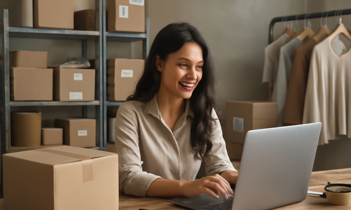 Una mujer teclea en un portátil, sonriendo, rodeada de cajas de cartón, estanterías y ropa en un perchero, lo que sugiere un pequeño espacio de trabajo para el embalaje o el inventario de una empresa de comercio electrónico.