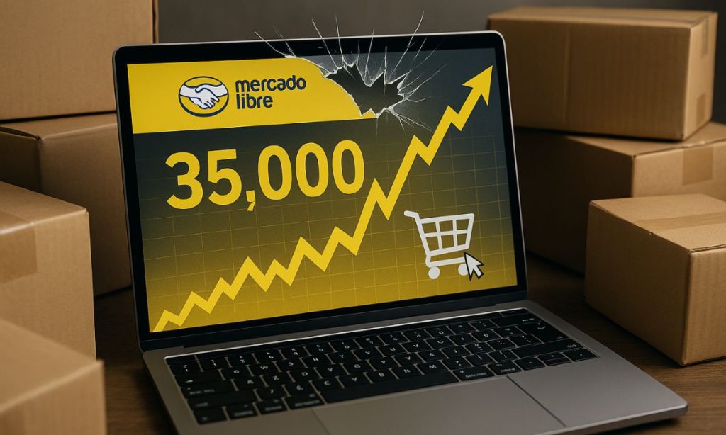 La pantalla del portátil muestra "mercado libre" y un gran "35,000" con una flecha ascendente dentada y un cursor de carrito de la compra; la pantalla tiene una grieta; el portátil está entre cajas de cartón apiladas para envíos.