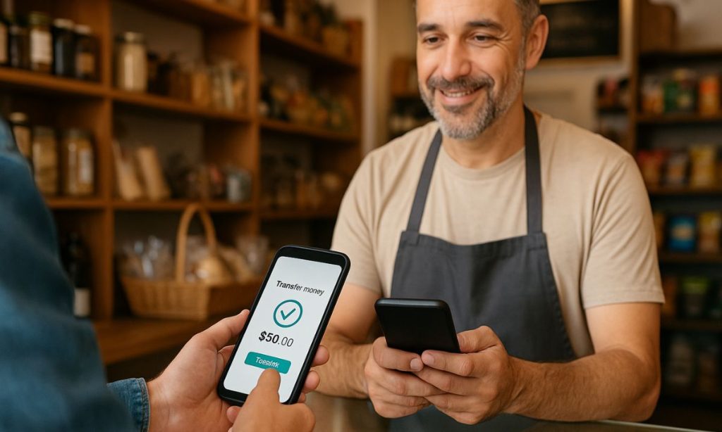 Smartphone mostrando una confirmación de pago exitosa; un dependiente sonriente sostiene su teléfono sobre el mostrador de una pequeña tienda de comestibles con estantes y cestas de madera. Texto visible: "Transferir dinero" ✓ "$50.00" Texto del botón: "Pagar"