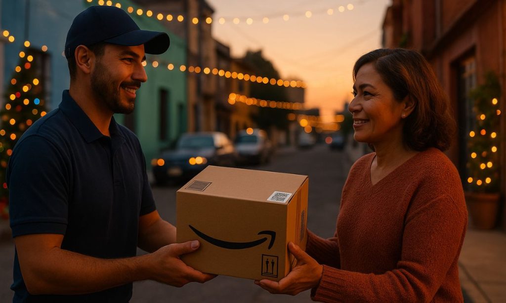 Un repartidor sonriente entrega un paquete de cartón a una mujer también sonriente en una calle al anochecer, con luces de guirnalda en el techo y coches y edificios aparcados borrosos al fondo.