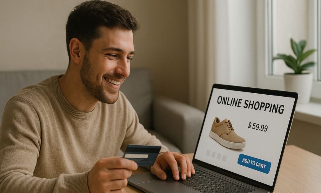 Hombre con tarjeta de crédito, sonriendo mientras compra en una computadora portátil en una mesa en una habitación luminosa con una planta en maceta. Texto en pantalla: "COMPRA ONLINE $ 59.99 AÑADIR AL CARRITO"
