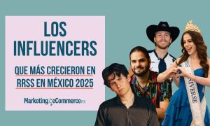 Gran gráfico promocional que muestra a cuatro influencers sonrientes posando sobre un fondo turquesa junto a un panel rosa anunciando el crecimiento de los influencers en México.  Texto (como se muestra): LOS INFLUENCERS QUE MÁS CRECIERON EN RRSS EN MÉXICO 2025 Marketing4eCommerceMX
