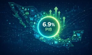 Un emblema circular con la inscripción "6.9% PIB" brilla y emite flechas hacia arriba sobre un mapa estilizado de México repleto de iconos comerciales y digitales, sobre un fondo oscuro de visualización de datos.  Texto: "6.9% PIB"
