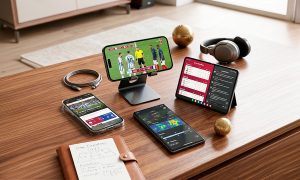 Varios teléfonos inteligentes y una pequeña tableta muestran imágenes de partidos de fútbol en directo, marcadores y estadísticas sobre un escritorio de madera; cerca hay auriculares, un cable de carga, dos pequeños balones de fútbol dorados y un cuaderno.  Texto transcrito (legible): - ARG 1 - 0 FRA - Formación del equipo  Nota: el texto adicional en pantalla es demasiado pequeño o está borroso para leerse.