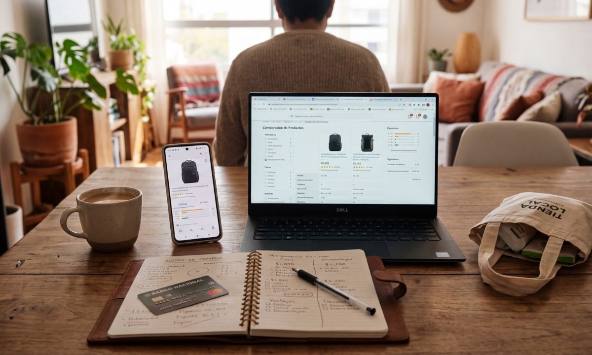 Sobre una mesa de madera hay un portátil con la lista de productos; a su lado, un smartphone muestra la imagen de un producto; delante hay un cuaderno abierto y un bolígrafo; una persona está sentada al otro lado de la mesa, en un salón acogedor y soleado. No se puede leer ningún texto.