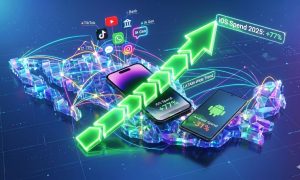 Dos smartphones (un iPhone que muestra "Gasto en iOS +77%" y un Android que muestra "Gasto en Android -31%") con una gran flecha verde hacia arriba que cruza un mapa estilizado de Latinoamérica, conectada a iconos de aplicaciones y líneas de datos.  Texto transcrito: "Gasto en iOS +77%", "Gasto en iOS 2025: +77%", "Gasto en Android -31%", "Tendencia en Latinoamérica", "TikTok", "YouTube" (icono), "WhatsApp" (icono), "Instagram" (icono), "Banco", "IA Gen", "21.79%".