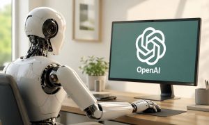 Un robot humanoide está sentado en un escritorio de madera, usando un ratón mientras mira un monitor que muestra el logotipo de OpenAI y la palabra "OpenAI" en una oficina doméstica luminosa y soleada.