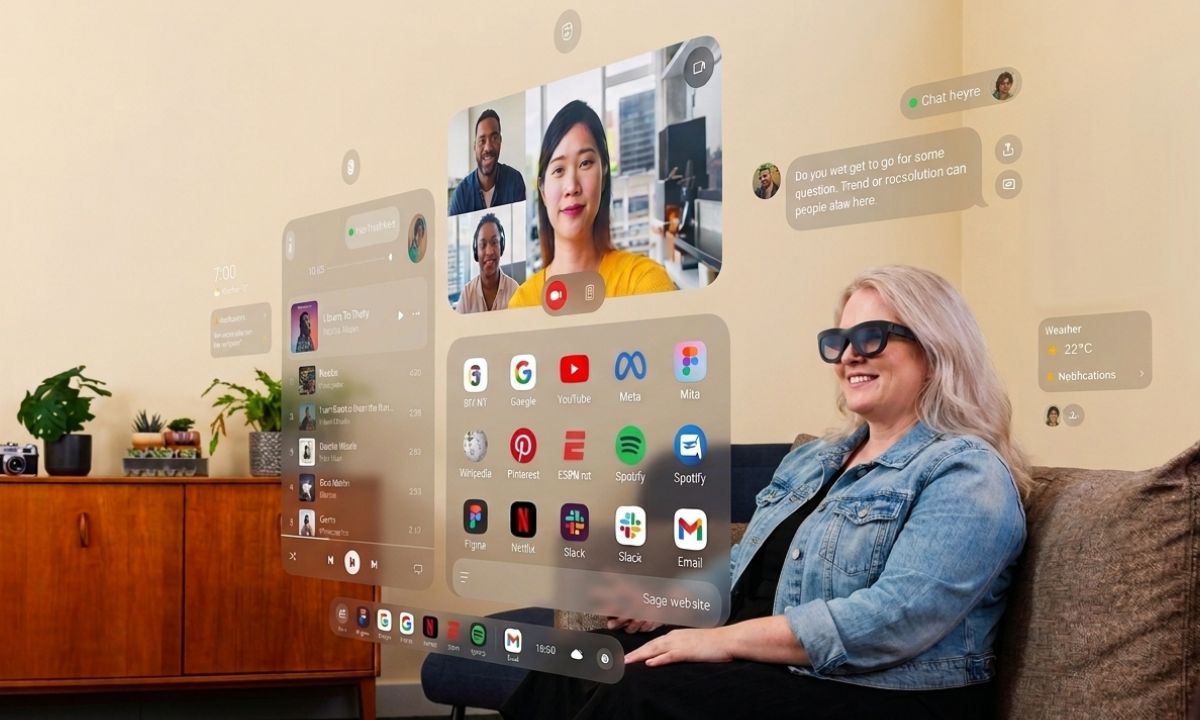 Una mujer con gafas inteligentes de realidad aumentada interactúa con una interfaz de aplicación holográfica flotante; está sentada relajadamente en un sofá en una sala de estar moderna con un aparador de madera, plantas y paredes de tonos neutros. No se aprecia texto claramente legible.