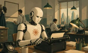 un androide de claude, tecleando en una vieja maquina de escribir en una redacción periodistica ambientada en los años 50