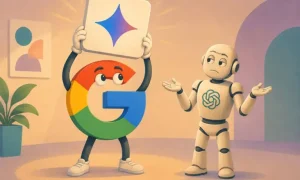 un logo de google antropomorfizado levanta un logo de gemini con los brazos. A su lado, un androide con el logo de openai en el pecho, le mira con cara de incomprensión