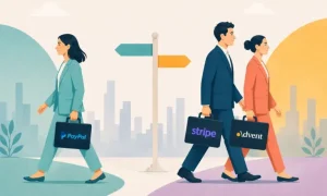 Imagen de tres empresarios. Una mujer empresaria (con el maletín de PayPal) se va en una dirección, mientras que un hombre (con el maletín de Stripe) y una mujer (con el maletín de Advent) se van juntos en la dirección contraria.