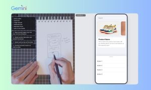Sobre un fondo degradado azul, aparece una imagen que muestra el funcionamiento de Gemini 3.8 Live Extended Thinking. Mientras el usuario graba con su cámara en tiempo real cómo diseña una interfaz móvil, el modelo de IA va creándola por su cuenta.