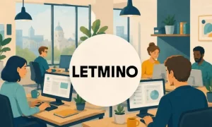 una imagen en la que se ve un grupo diverso de trabajadores y trabajadoras en una oficina con ordenadores. En el centro, el logo de letmino
