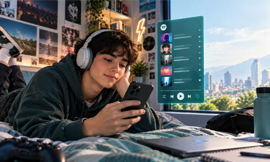Imagen creada con IA sobre la generación z en spotify.