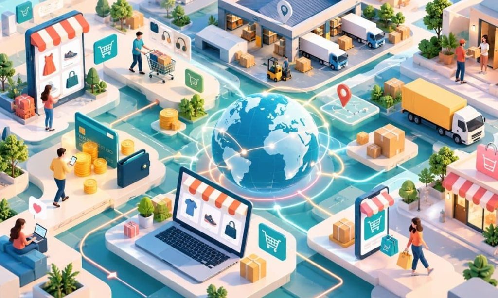 una visión cenital de un mundo virtual en el que se representa un ecosistema de tiendas online compradores, empresas logística, paquetes, dinero, etc, todo sobre el ecommerce