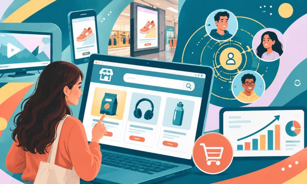 imagen generada con inteligencia artificial sobre como el retail media puede ayudar a impulsar el negocio en los buscadores de los marketplaces más allá de las impresiones